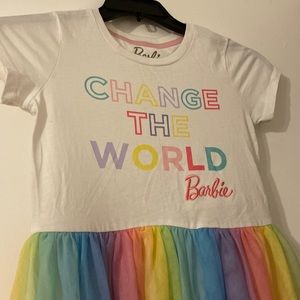 Barbie Girls White “Change The World” Dress with Rainbow skirt size L (10-12)